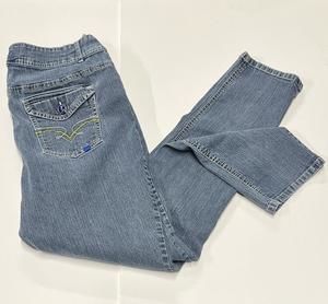 Leemo USA Jeans Womens Sz 20 Zip Closure Blue Denim Spandex Yellow White Accents